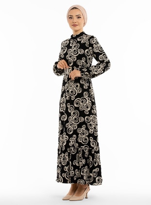 Belt Detailed Patterned Modest Dress Black