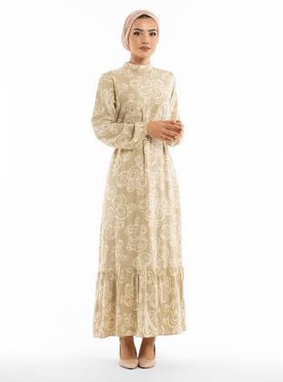 Belt Detailed Patterned Modest Dress Beige