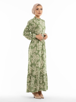 Belt Detailed Patterned Modest Dress Pistachio Green