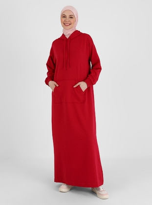 Modest Dress With Pocket Details Cherry
