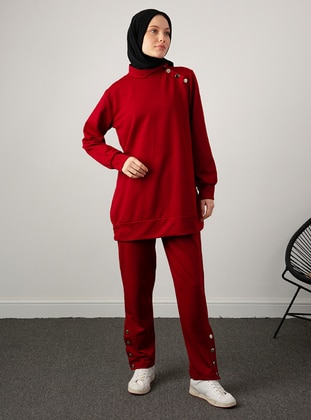 Tunic & Pants Co-Ord With Shoulder And Trouser Cuff Button Detail Burgundy