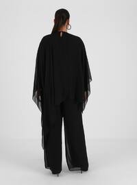 Plus Size Stone Detailed Tunic & Pants Double Evening Dresses Black