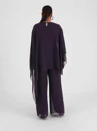 Plus Size Stone Detailed Tunic & Pants Double Evening Dress Suit Purple