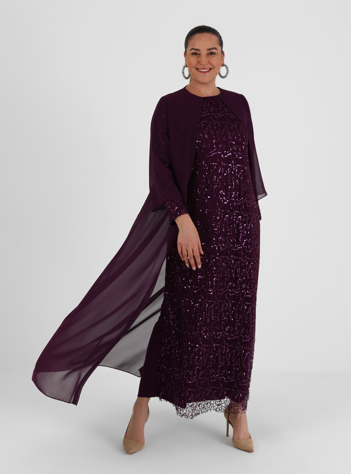 Plus Size Sequin Detailed Evening Dress Burgundy