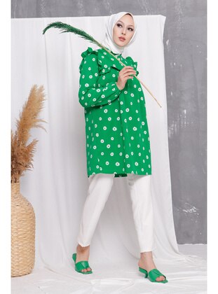 Green Daisy Patterned High Collar Hijab Tunic