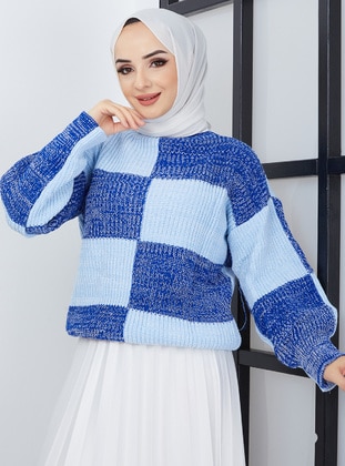 Square Patterned Sweater Baby Blue Navy Blue