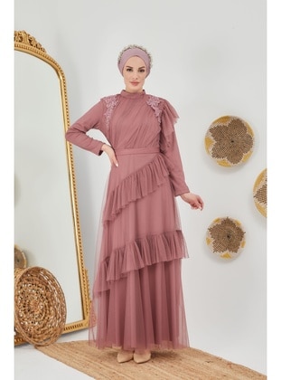 Layered Skirt Lace Detailed Hijab Evening Dress 7719 Rose Color