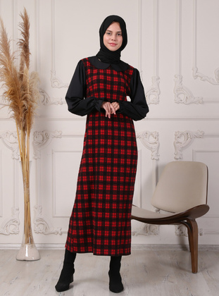 Plaid Dress With Shirt Detailed Sleeves Red