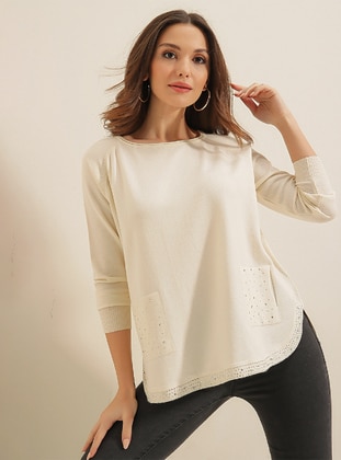 Stone Embroidered Knit Sweater With Front Pocket Cream-Beige