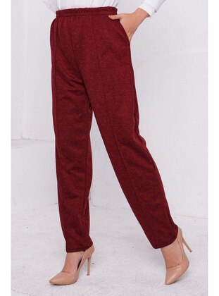 Burgundy Women's Elastic Waist Pockets Front Grass Pants