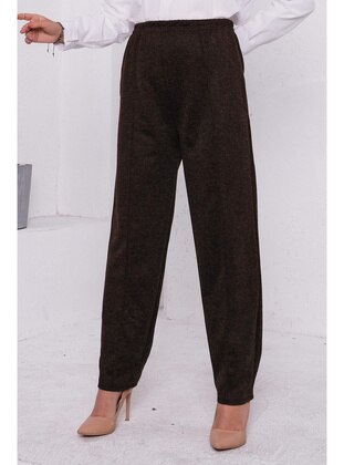 Brown Women's Elastic Waist Pockets Front Grass Pants