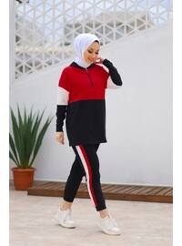 Hooded Zipper Detail Tunic Pants Co-Ord Red