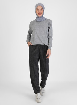 Patterned Elastic Waist Pants Anthracite