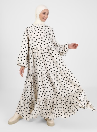 Polka Dot Patterned Modest Dress With Flared Skirt Beige