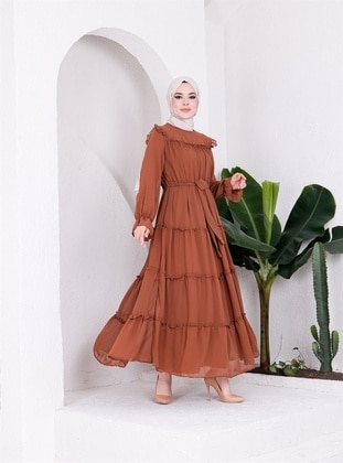 Lined Chiffon Dress With Ruching Details Brown (2344 005)