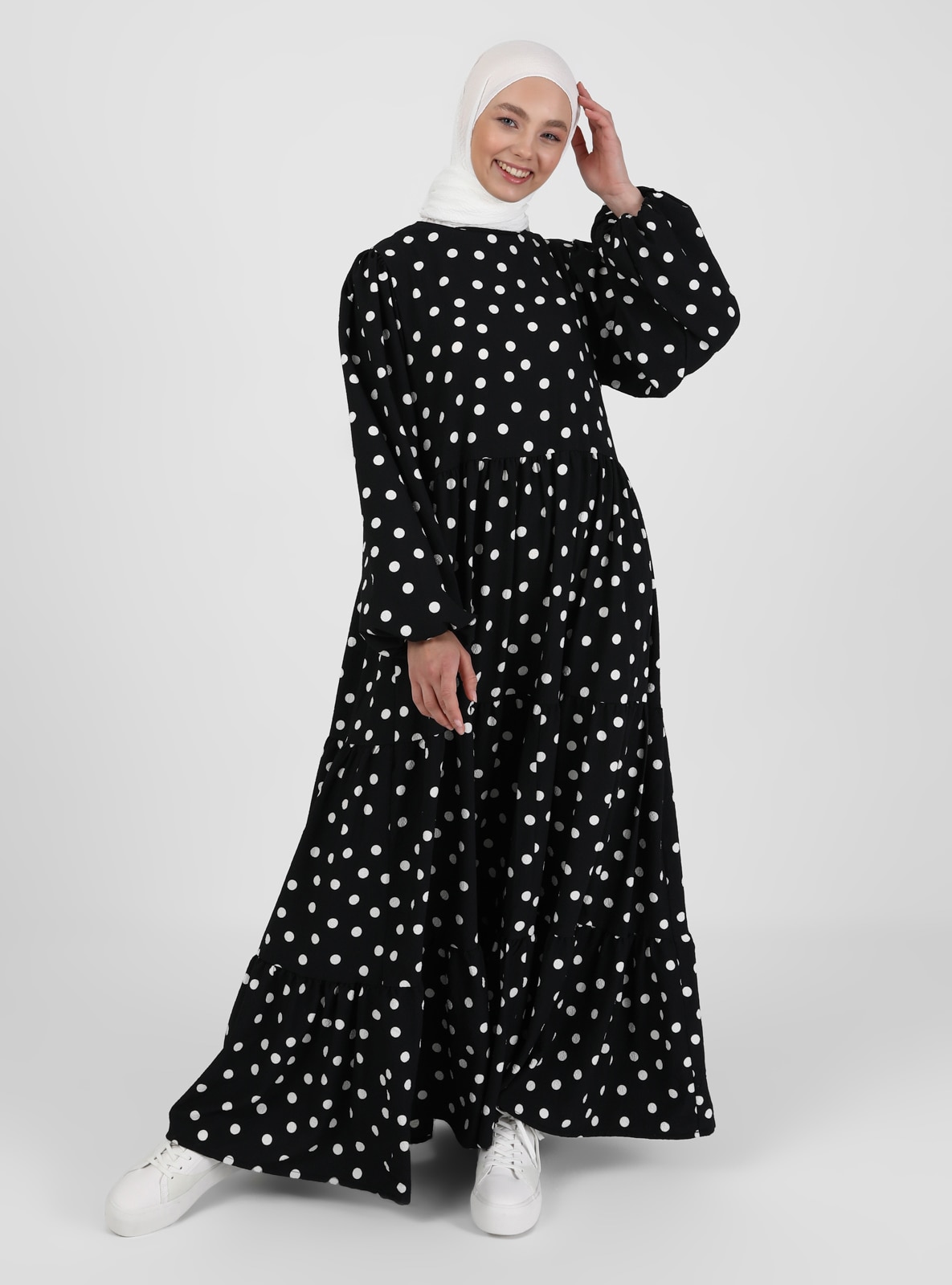 Black Polka Dot Crew neck Unlined Modest Dress