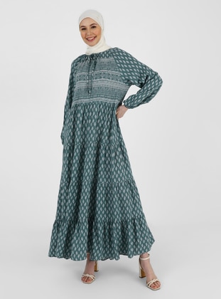 Green Almon - Ethnic - Crew neck - Unlined - Modest Dress - Refka