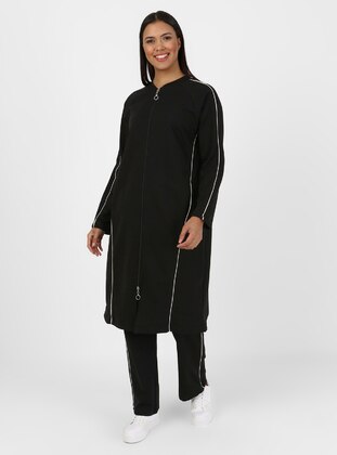 Relief Campaign Product - Plus Size Oversized Zippered Sweatshirt & Pants Double Sports Set Black Ecru