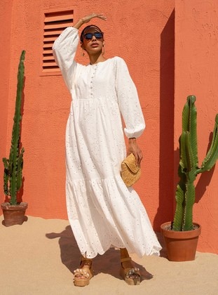 Off White - Crew neck - Fully Lined - Modest Dress - Refka