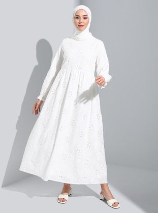 Off White - Crew neck - Fully Lined - Modest Dress - Refka