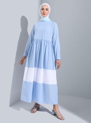 Blue - Off White - Crew neck - Unlined - Modest Dress - Refka