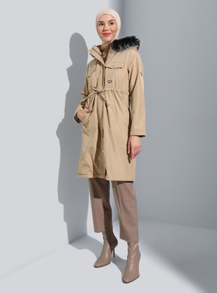 Faux Fur Hat Detailed Long Zippered Trenchcoat Stone