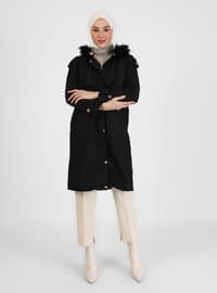 Black Trenchcoat With Faux Fur Detailed Faux Fur Hat And Full Length Zipper