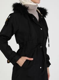 Black Trenchcoat With Faux Fur Detailed Faux Fur Hat And Full Length Zipper