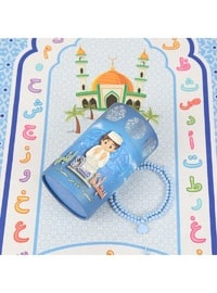 Children`s Prayer Rug Blue & Fragrant Heart Embroidered Baby Blue Rosary Tasbih & First Step To Prayer Piggy Bank Cylinder Box