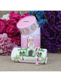 Children`s Prayer Rug Pink & Fragrant Heart Embroidered Rosary Tasbih Baby Pink & First Step To Prayer Piggy Bank Cylinder Box