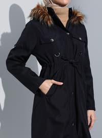 Faux Fur Hat Detailed Long Zippered Trenchcoat Navy Blue