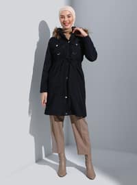 Faux Fur Hat Detailed Long Zippered Trenchcoat Navy Blue