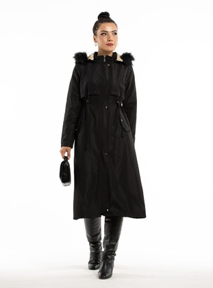 Hooded Faux Fur Detailed Coat Black