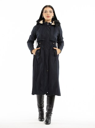 Hooded Faux Fur Detailed Coat Navy Blue