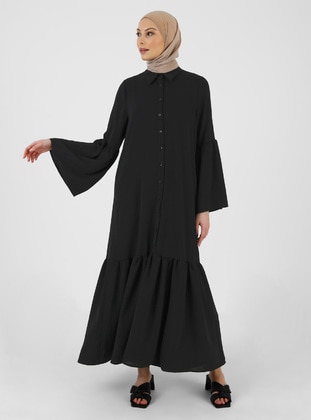 Black - Point Collar - Unlined - Modest Dress - Refka