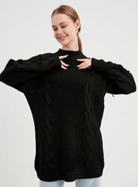 Links Detailed Knit Thick Hair Sweater Tunic Black
