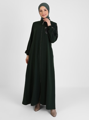 Leather Detailed Zippered Abaya With Pockets Khaki