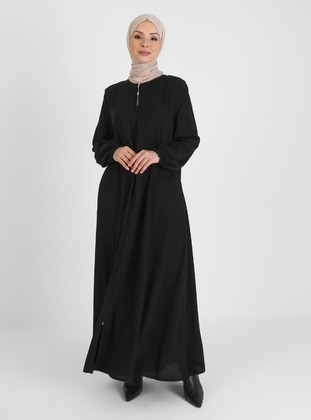 Flared Zippered Abaya With Pockets Black