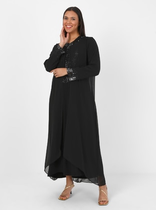 Black - Unlined - Crew neck - Modest Plus Size Evening Dress - Atay Gökmen