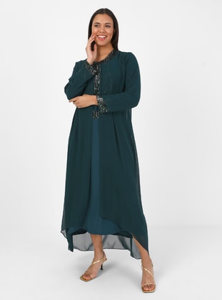 Green - Unlined - Crew neck - Modest Plus Size Evening Dress - Atay Gökmen