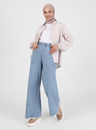 High Waist Denim Trousers With Fringe Detail Ice Blue