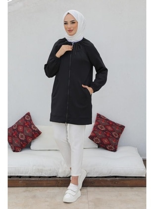 Zippered Scuba Hijab Cardigan Black Coat