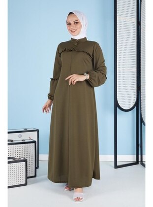 A Pleated Ruffle Detailed Modest Dress 3091 Hakiyeşil