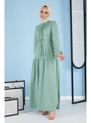 Front Button Down Modest Dress 3089 Mintyeşili With Waist Ties