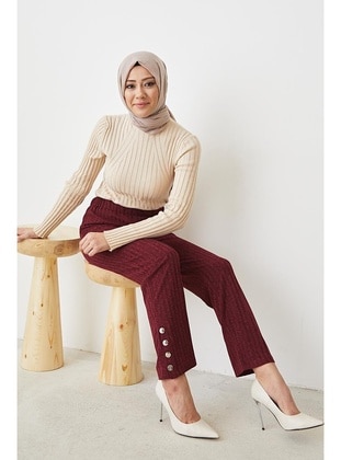 Button Detailed Trousers 3087 Burgundy