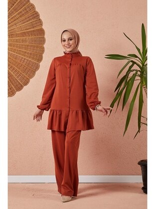 Judge Collar Ruffle Detailed Hijab Suit 3094 Terra-Cotta