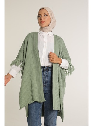 Women Oversıze Relaxed Fıt Shawl Collar Jacquard Sleeves Fringed Knit Knıt Sweater Green