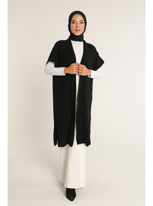 Women's Long Knıt Vest Wıth Long Sıde Slıts Black