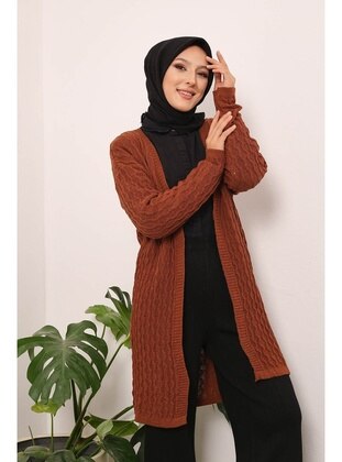 Brown Women's Modest Knit Patterned Hijab Sweater Cardigan