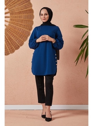 Elastic Button Detailed Hijab Tunic 3095 Indigo